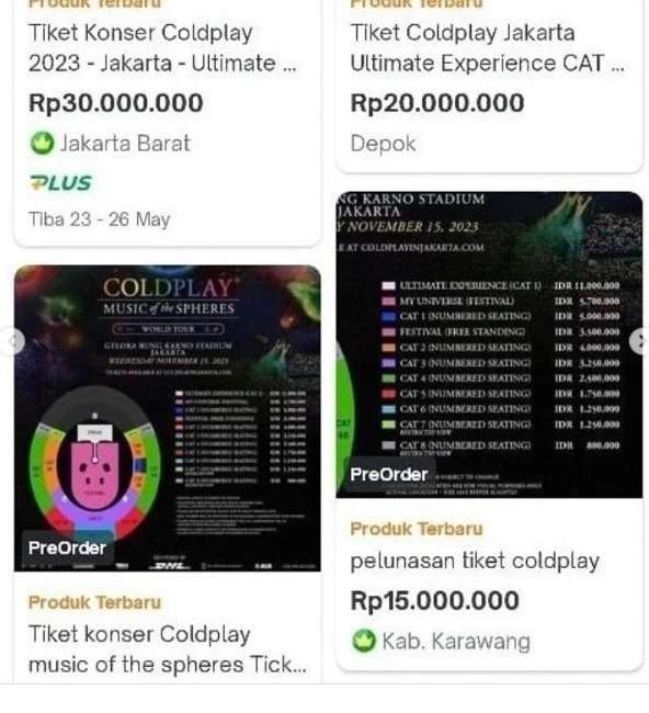 Tiket Coldplay Beredar di Marketplace Dijual Puluhan Juta, Tertinggi Hingga Rp60 Juta