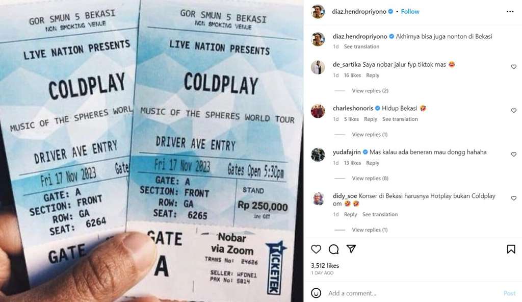 Heboh! Ipar Eks Panglima TNI Pamer Tiket Coldplay, Lokasinya Bukan di GBK