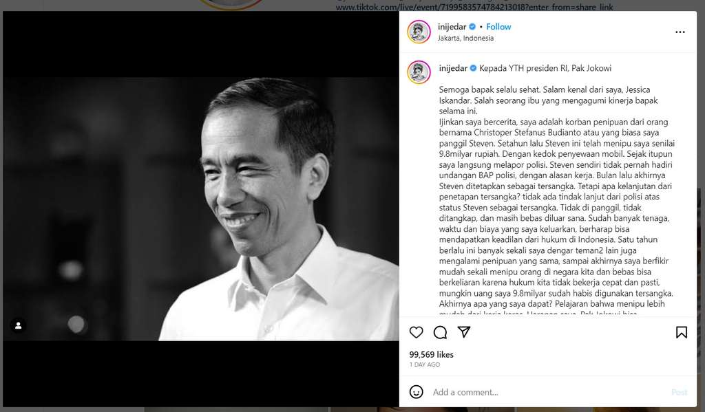 Unggahan Jessica Iskandar kepada Jokowi