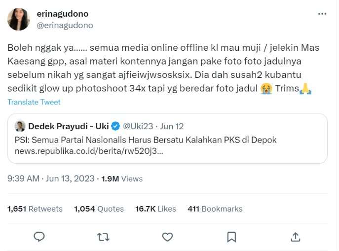 Banyak Media Pakai Foto Jadul Kaesang, Erina Protes Lewat Akun Twitternya