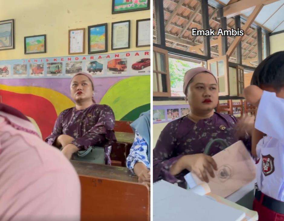 Parodi gaya dan sikap emak-emak ketika pembagian rapor di kelas.