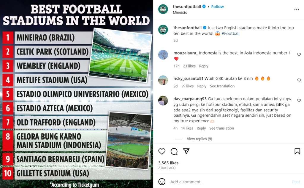 Stadion Utama Gelora Bung Karno Masuk 10 Daftar Stadion Terbaik di Dunia, Versi Ticketgum