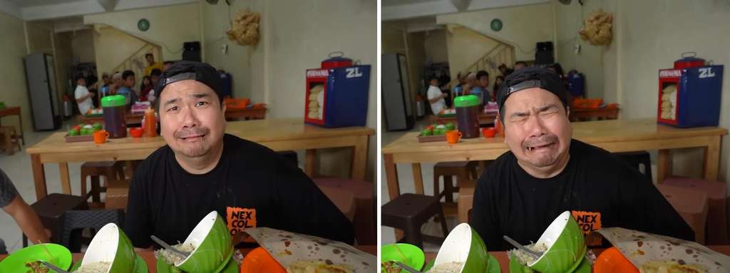 Momen kocak YouTuber Nex Carlos pas makan di warung, wajah nyungsep ke kuah soto.