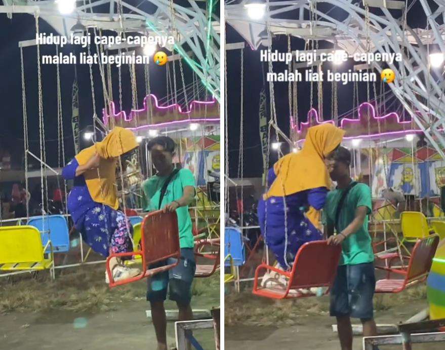 Nenek-nenek nekat bermain wahana ayunan putar di pasar malam.