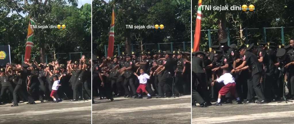 Viral bocah SD gabung barisan dan bareng prajurit TNI nyanyikan yel-yel.