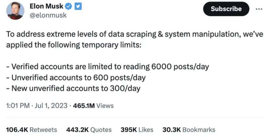 Tweet Musk pertama soal pembatasan tweet yang bisa dilihat