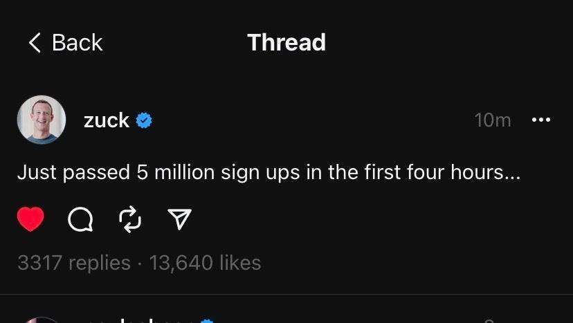 Zuck mengumumkan pengguna Threads tembus 5 juta dalam empat jam pertama setelah tayang