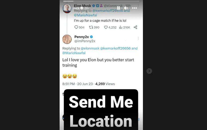 Unggahan Zuck di Instagram menjawab tantang duel Musk dengan meminta Musk mengirim lokasi duel