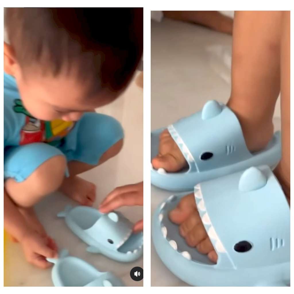 Rayyanza girang dapat sandal Baby Shark