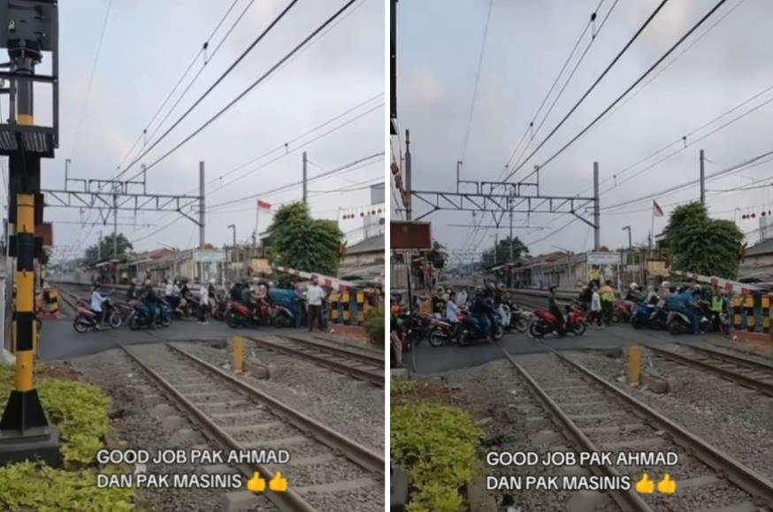 Viral puluhan pengendara motor bikin kemacetan di palang pintu rel kereta api.