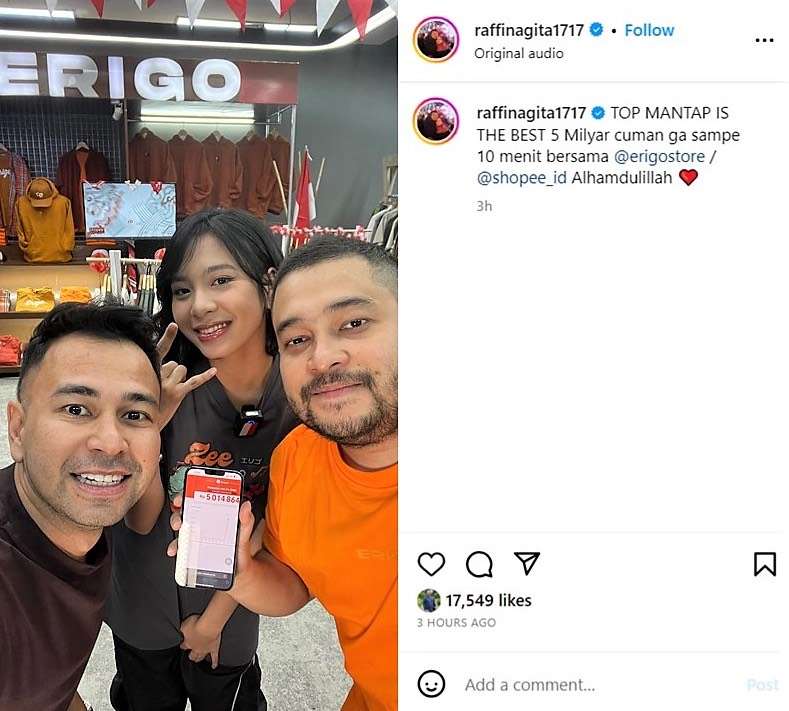Kurang Dari 10 Menit Doang, Sesi Shopee Live Erigo bersama Raffi Ahmad Tembus Rekor Omzet 5 Miliar