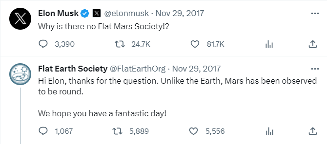 Balasan Aneh Kaum Bumi Datar ke Elon Musk, Percaya Mars Bulat Namun Bumi Tidak