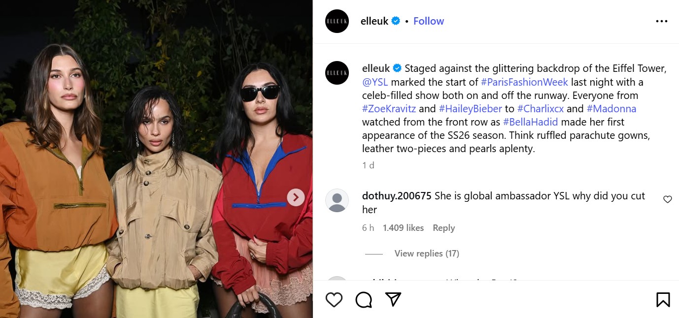 Unggahan fashion show YSL di IG Elle UK