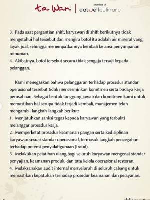 Ta Wan Minta Maaf Usai Karyawan Sajikan Larutan Pembersih ke Pelanggan