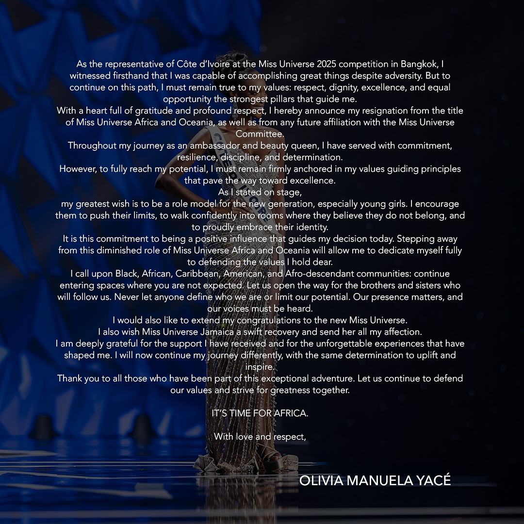 Olivia Yace Kembalikan Mahkota Miss Universe Afrika & Oseania: Drama Baru Mengguncang Miss Universe 2025 Olivia Yace Kembalikan Mahkota Miss Universe Afrika & Oseania: Drama Baru Mengguncang Miss Universe 2025