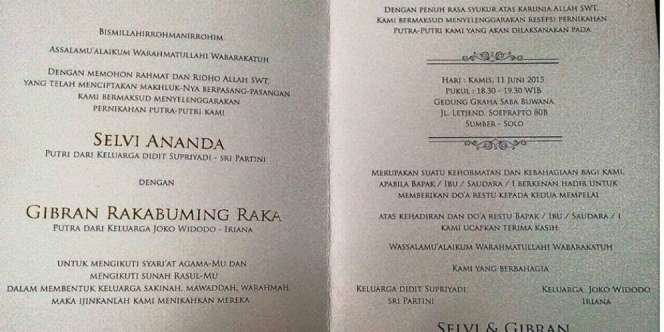 Dipuji, Undangan Pernikahan Anak Jokowi Dicetak Tanpa Gelar