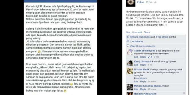 Pengemudi GoJek Tertipu Pesanan 20 Porsi Iga Bakar Bikin Miris