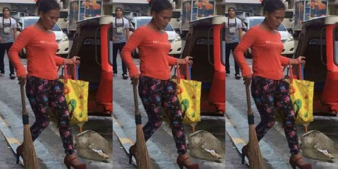 Sulit Dipercaya! Wanita Ini Menyapu Jalanan dengan Heels 5cm