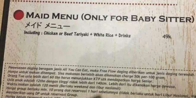 Heboh Menu Khusus Baby Sitter, Ini Penjelasan Pemilik Resto