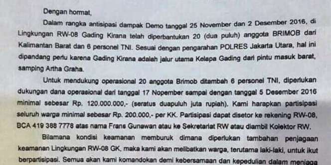 Beredar Surat Pungutan Warga Jelang Demo 212, Ini Kata Polisi