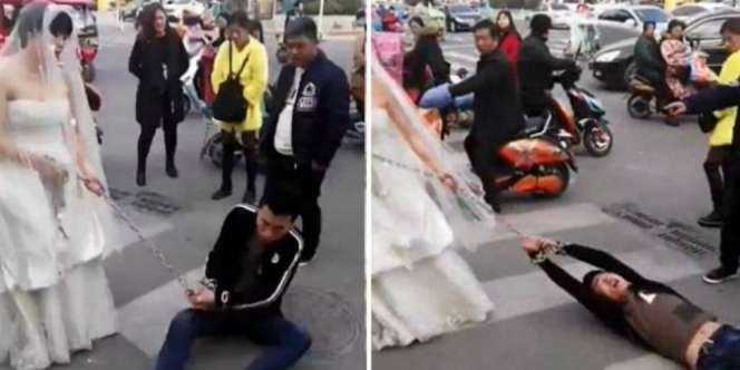 Pengantin Wanita Seret Calon Suami Pakai Rantai