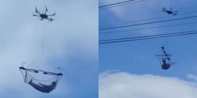 Aksi Mendebarkan 'Terbang' Sambil Bergantung pada Drone
