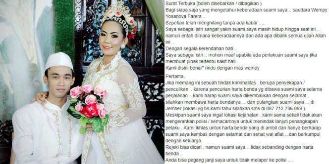 Suami Raib Tanpa Jejak, Istri di Jember Buat Surat Terbuka