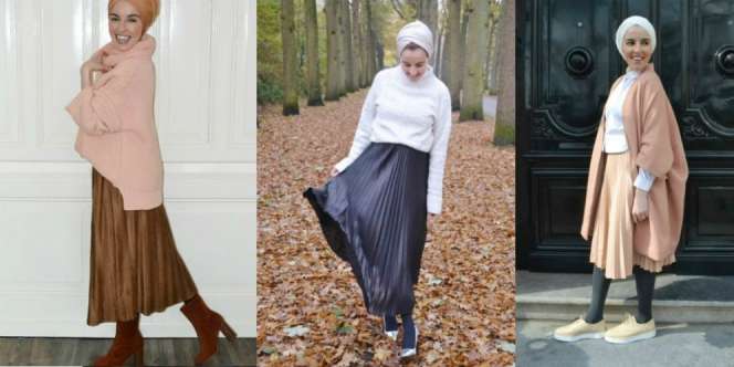 3 Inspirasi Gaya Padupadan `Pleats Skirt` untuk Hijaber