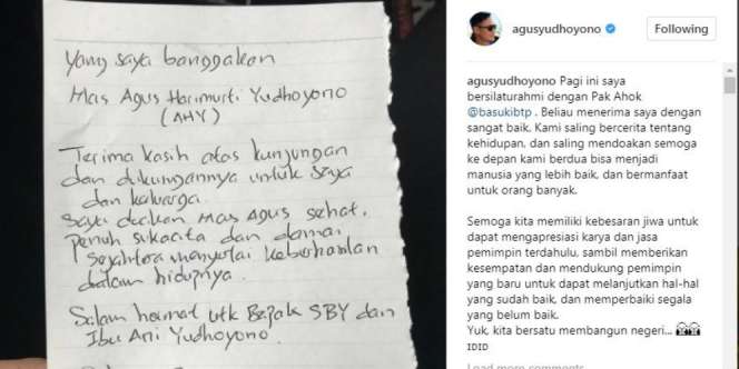 Sepucuk Surat Ahok untuk Agus Yudhoyono
