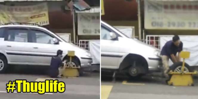 Viral! Aksi Pria Bongkar Ban Mobil yang Digembok Petugas