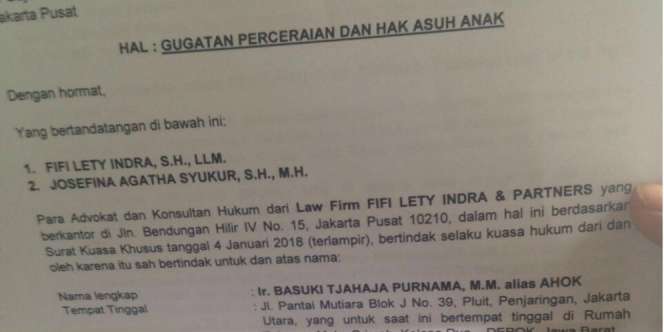 Surat Gugatan Cerai Ahok Beredar, Ini Kata Pengacara
