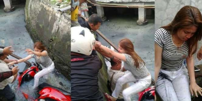 Wanita Cantik Nyemplung ke Got, Para Pria Berebut Menolong