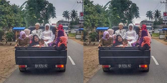 Pengantin Senyum Naik Mobil Bak, Bukti Bahagia itu Sederhana