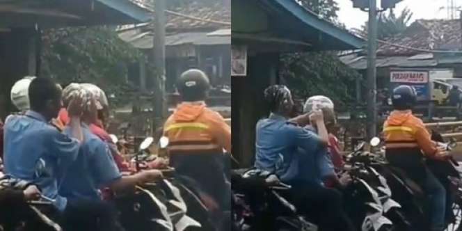 Aksi Nyeleneh Dua Pelajar Keramas di Atas Motor Saat Hujan