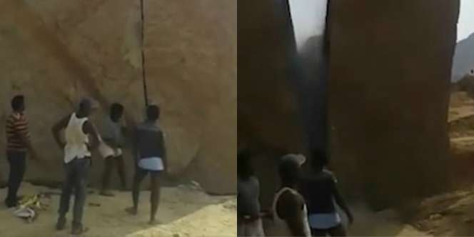 Detik-detik Seorang Pria Pecahkan Batu Besar dengan 'Palu Thor'