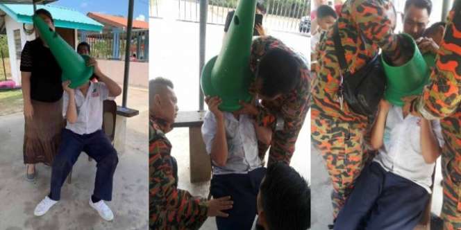 Iseng Kebangetan, Kepala Pelajar Terjebak di Safety Cone