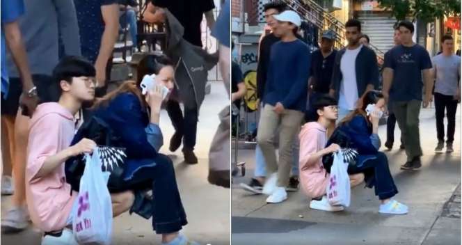 Viral Pria Jadi 'Kursi' Untuk Duduk Nyaman Kekasih di Tengah Jalan