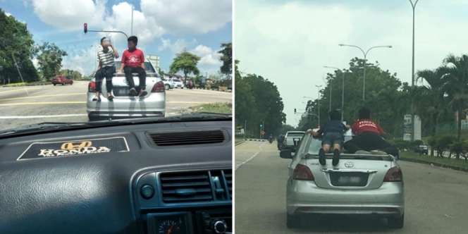 Bak Stuntman, Dua Bocah Ini dengan Santainya Duduk di Atas Mobil yang Mengebut