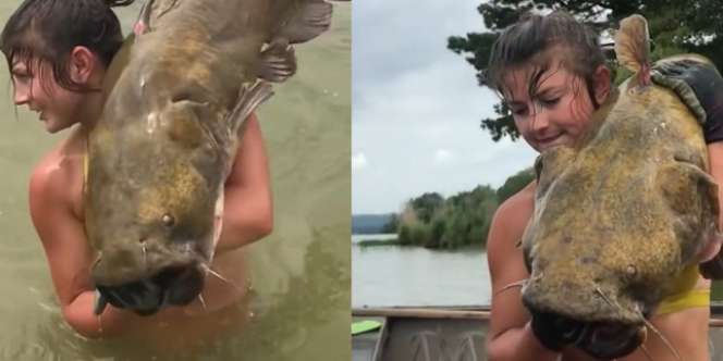 Gadis Cantik Tangkap Ikan Lele Raksasa Hanya dengan Tangan Kosong