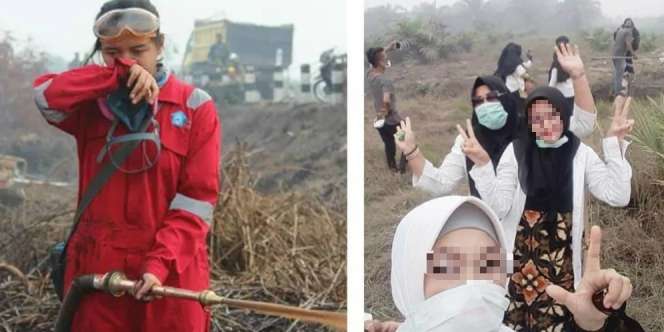 Viral Foto Aksi Emak-Emak Berselfie Ria di Lokasi Kebakaran Hutan