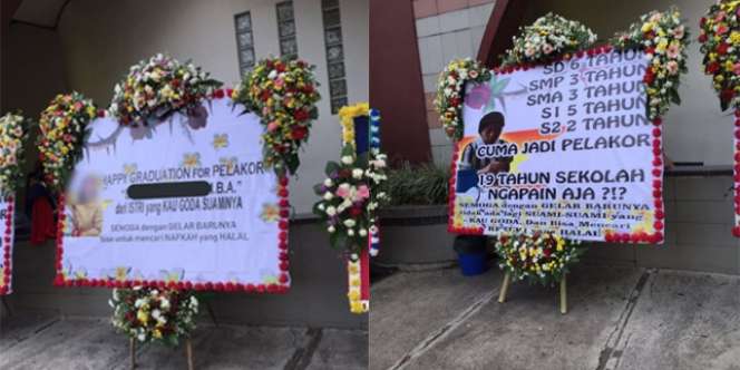 Heboh! Labrak Pelakor yang Sedang Wisuda S2 Pakai Karangan Bunga