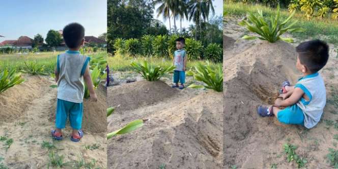 Bocah Kecil Terus Panggil Ibu Saat Bermain di Makam Kedua Orang Tuanya
