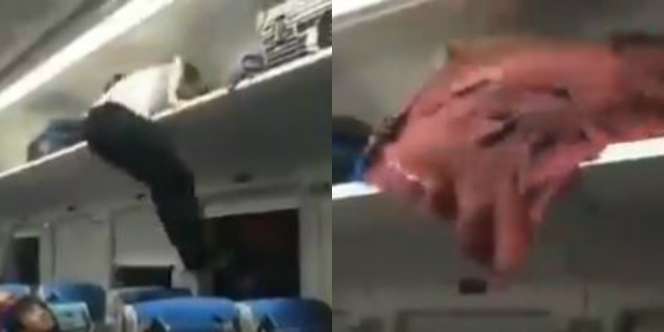 Viral Video Pria Tidur di Rak Bagasi Kereta, Auto Dihujat Warganet
