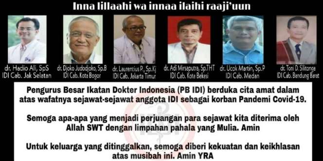 IDI Berduka, 6 Dokter Meninggal Jadi Korban Pandemi Covid-19
