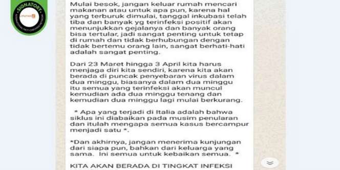 Beredar Pesan Sebut Puncak Inkubasi Virus Corona 23 Maret-3 April, Cek Faktanya!