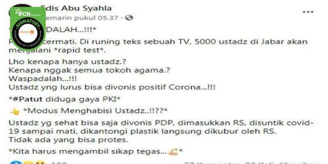 Hoaks! Kabar 5000 Ustaz di Jabar Akan Disuntik Virus Corona