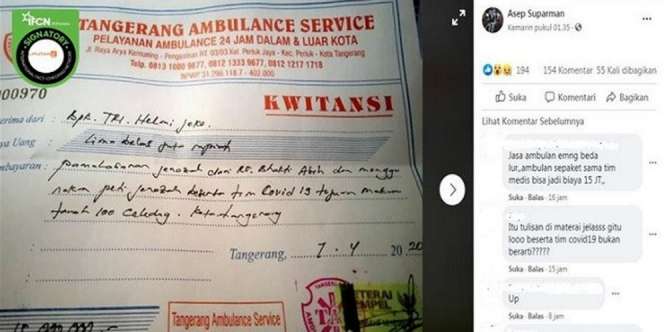 Fakta Sebenarnya Viral Kuitansi Ambulans Rp15 Juta untuk Pasien Corona