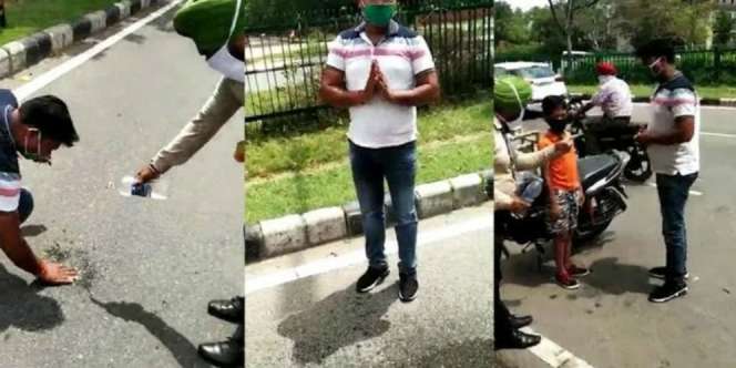 Meludah Sembarangan, Pemotor Dihukum Bersihkan Aspal