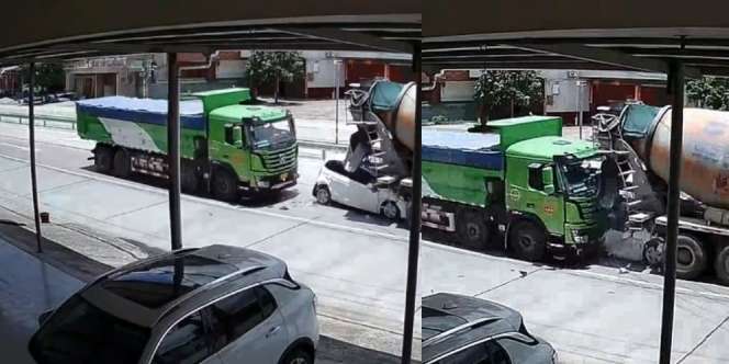 Mobil Mungil Ringsek Tergencet Dua Truk Besar, Ajaib Pengemudinya Selamat