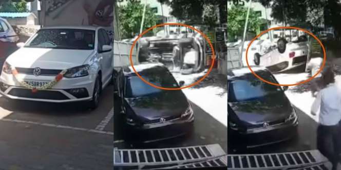 Apes! VW Polo Anyar Baru Keluar Diler, Nyungsep dan Terbalik Depan Gerbang